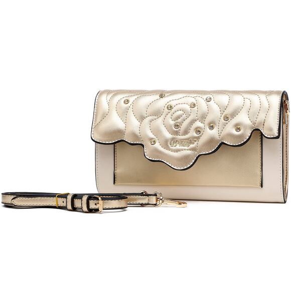 Brangio Italy Vegan Leather Rose Quilted Clutch with Shoulder Strap Gold - Picture 1 of 6